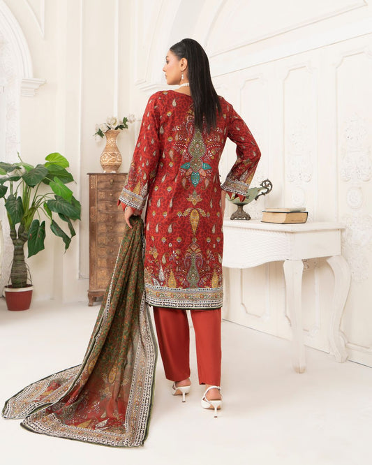 3 Piece - Junoon Unstitched Maroon Ladies Print Lawn Suit