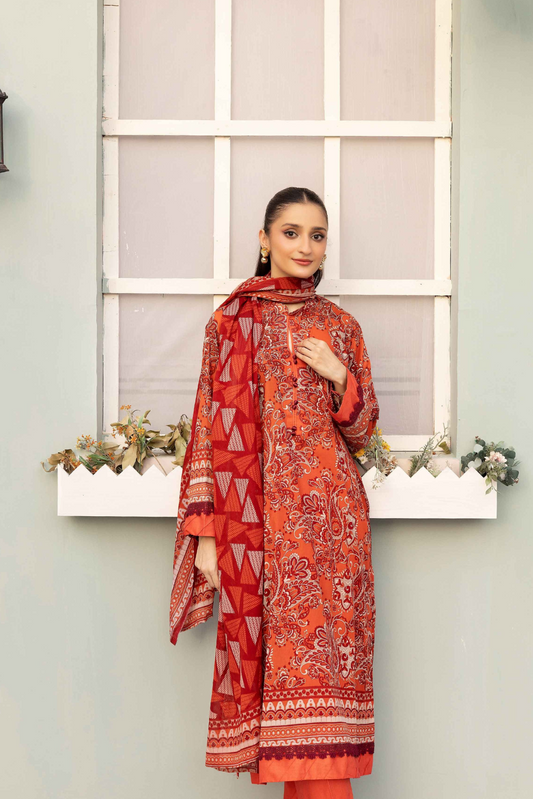 3 Pieces - Haya By Legends Unstitched Orange Printed Lawn Suit