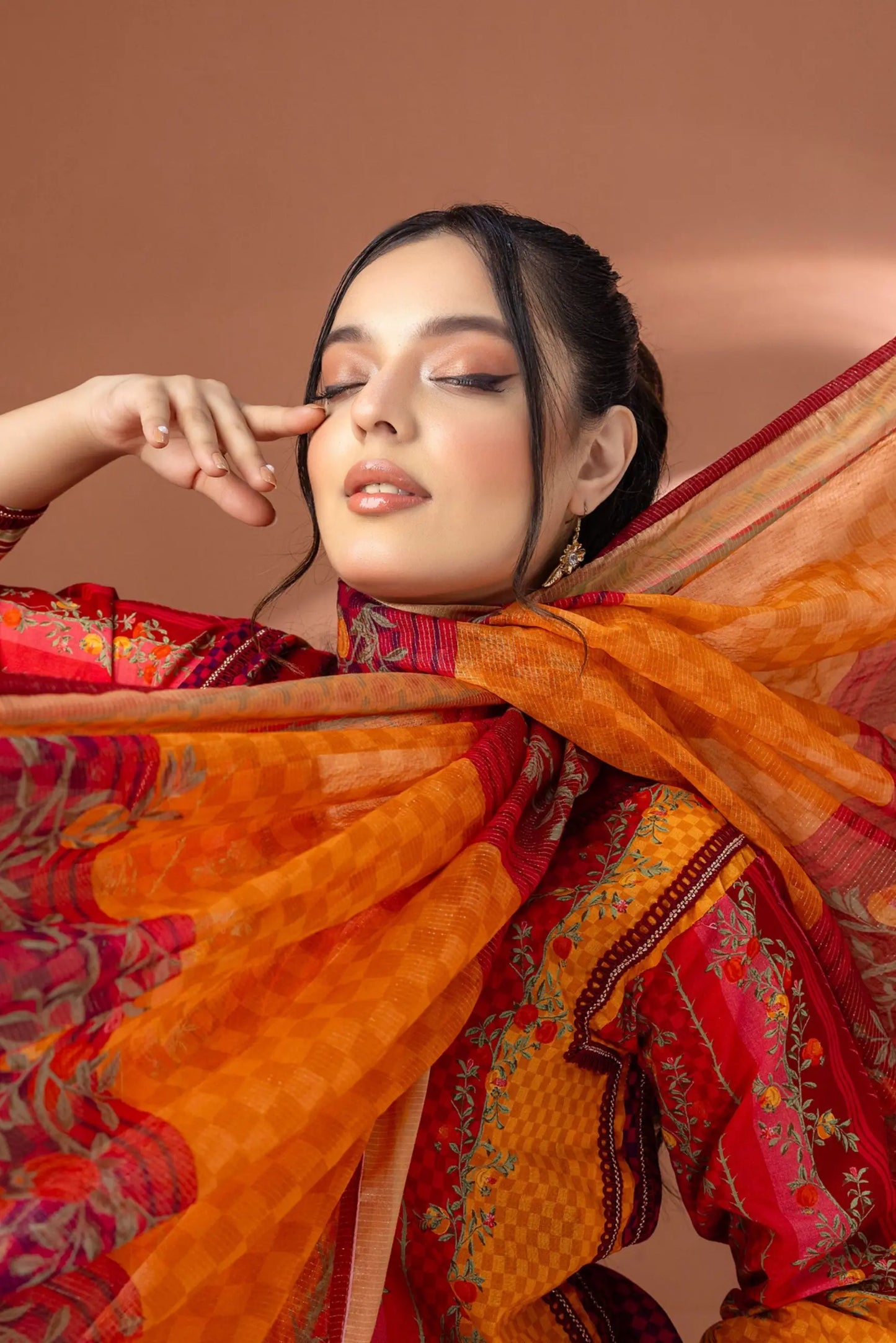 3 Pieces - Regalia Unstitched Red Fancy Zari Dupatta Printed Shirt Lawn Suit