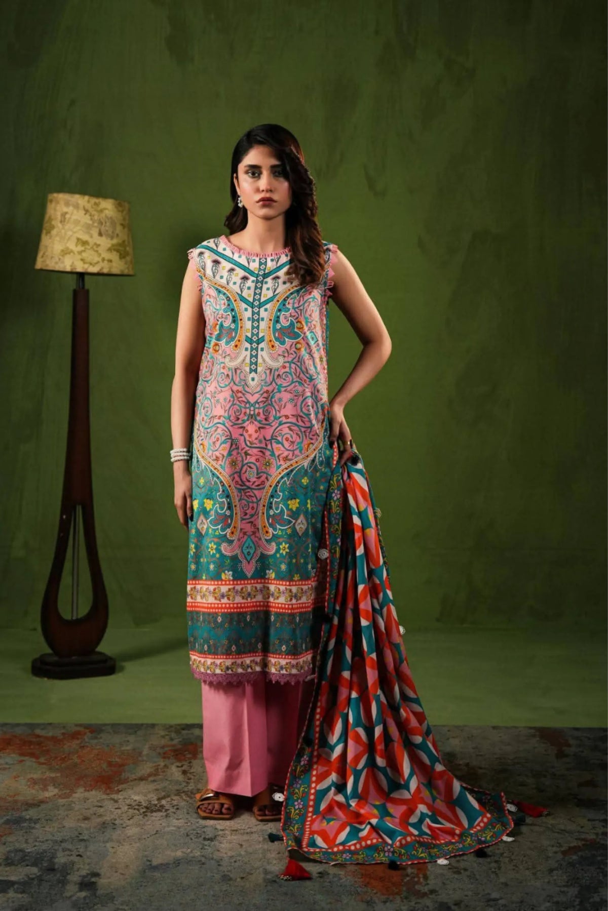 3 Piece: Aangan By Paltar Unstitched Pink Ladies Lawn Suit