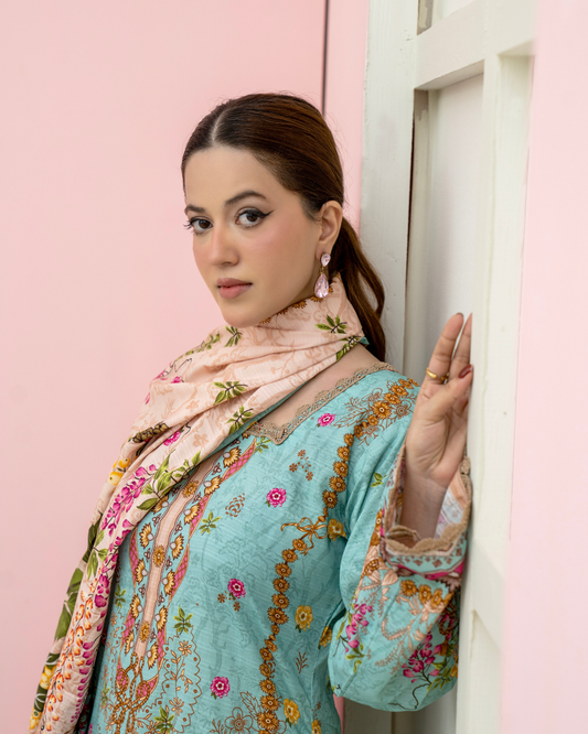 3 Pieces - Marooj Unstitched Sky Blue BanaDora Linen Suit