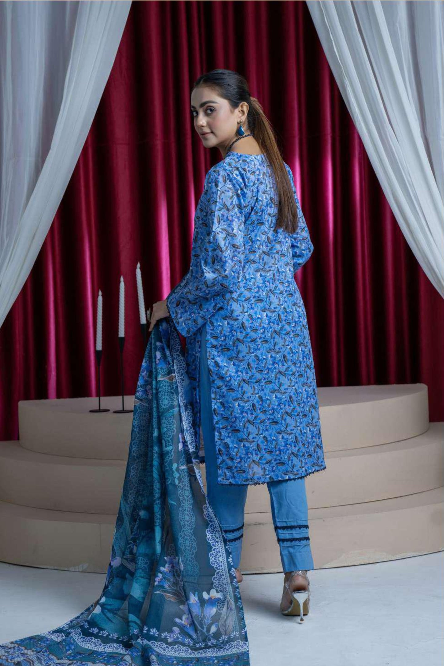 3 Pieces - B&C Unstitched Turkish Blue Printed Lawn Suit