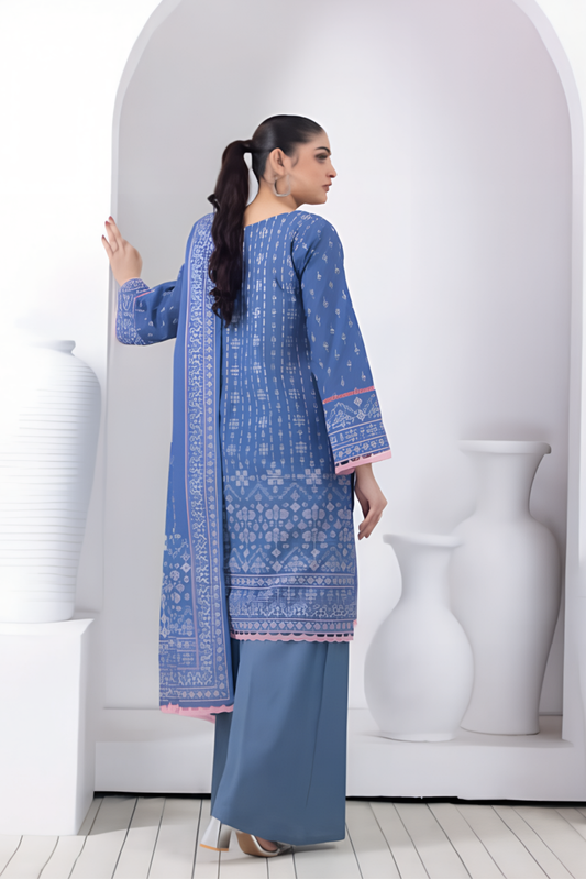 3 Pieces - Regalia Stitched Blue Printed Khaddar Suit