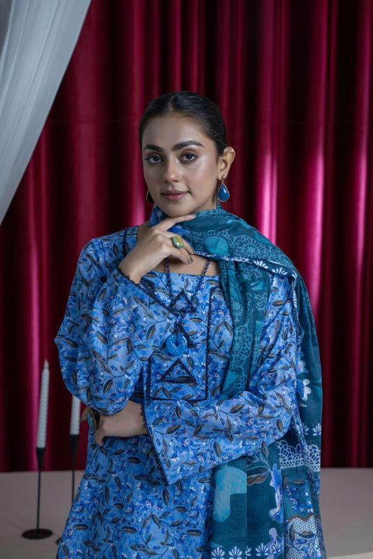 3 Pieces - B&C Unstitched Turkish Blue Printed Lawn Suit
