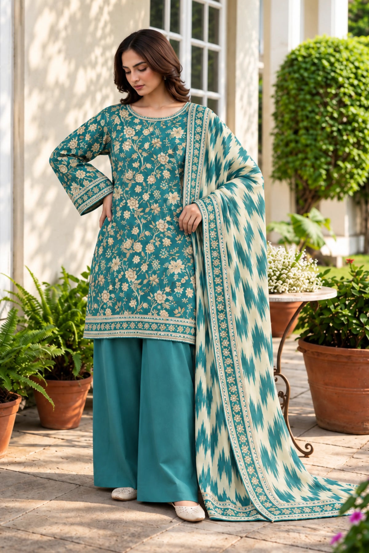 3 Piece - Marooj Ethnic Premium Printed Unstitched Ferozi khaddar Suit
