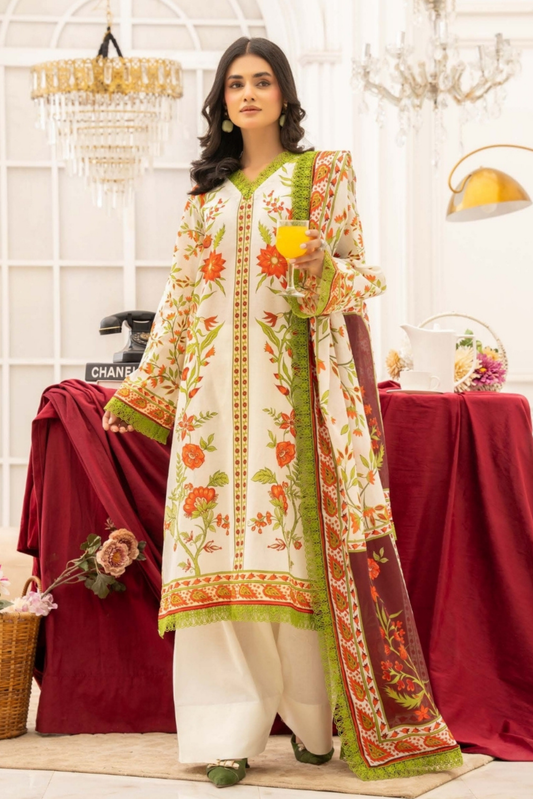 3 Pieces - Raabi Unstitched Off White Print Lawn Suit