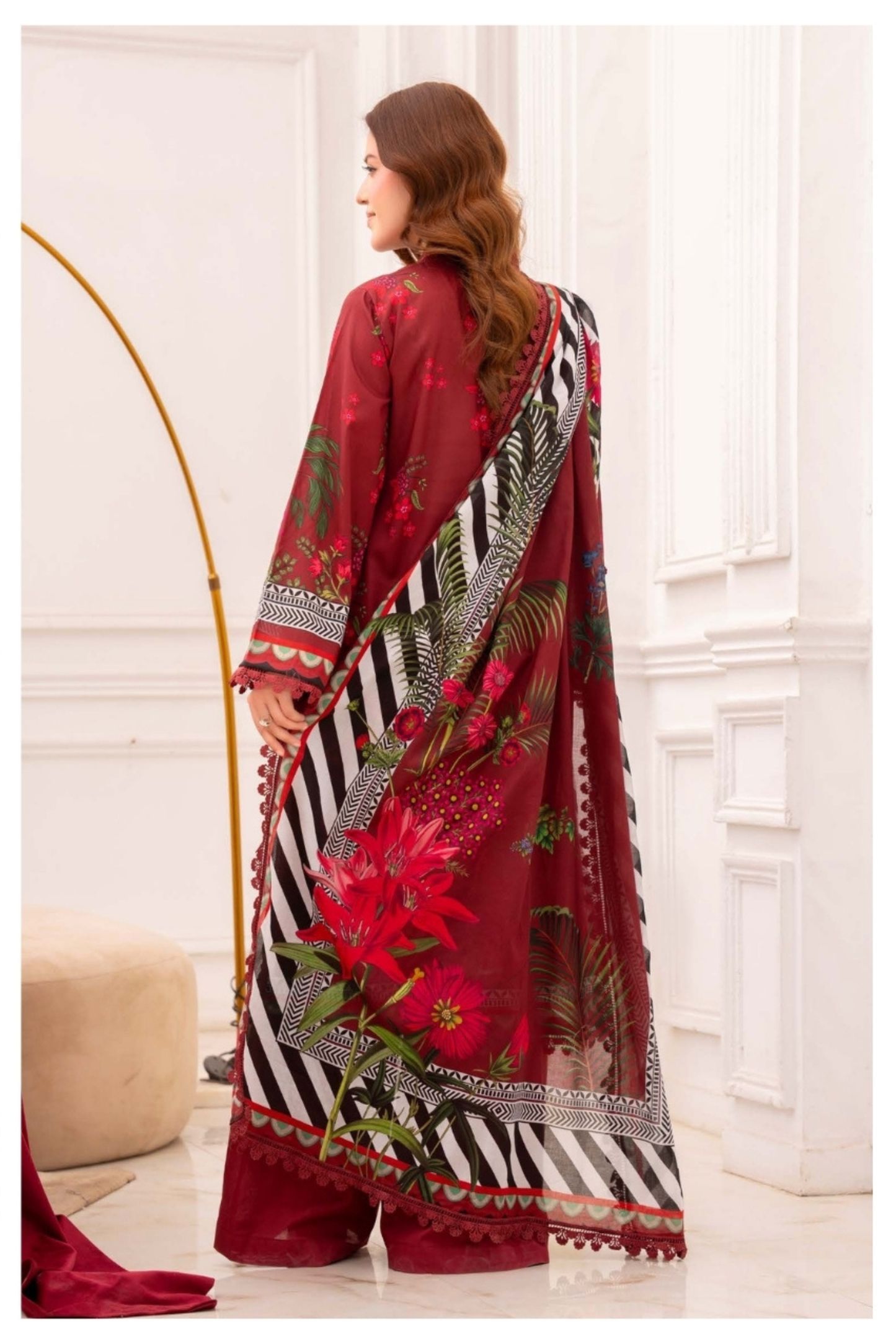 3 Pieces - Raabi Unstitched Maroon Print Lawn Suit