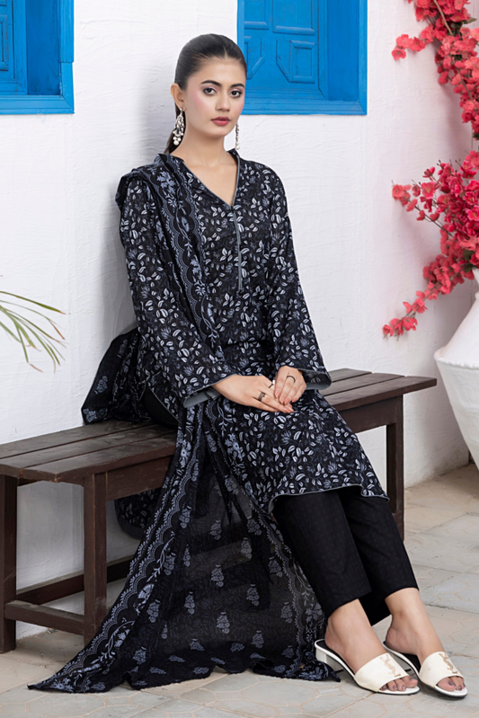 3 Pieces - Regalia Unstitched Black Print Lawn Suit m