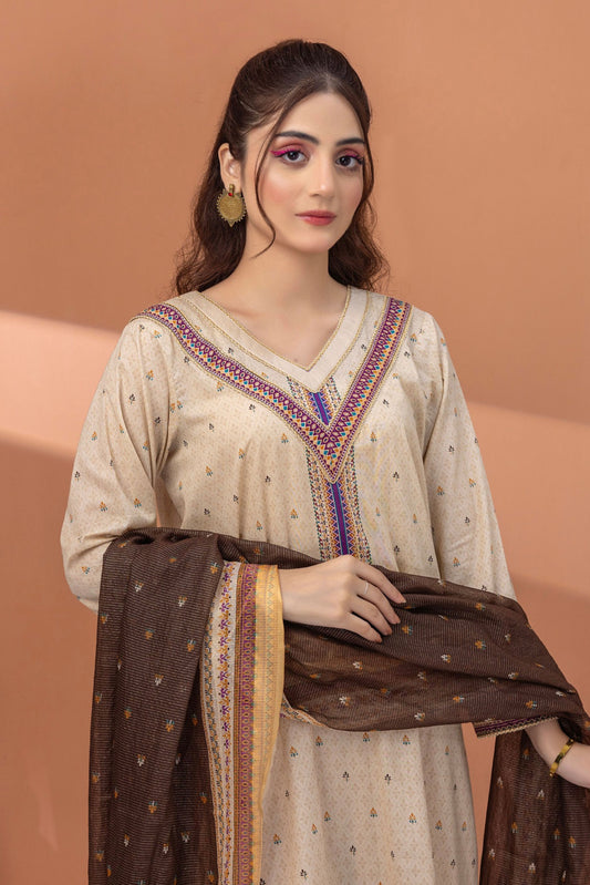 3 Pieces - Regalia Unstitched Off White Fancy Zari Dupatta Printed Shirt Lawn Suit