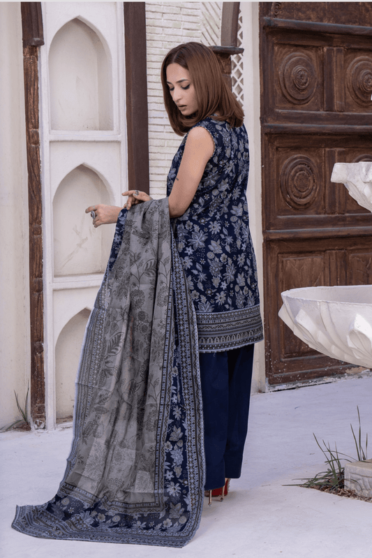 3 Pieces - Janan Unstitched Navy Blue Printed Lawn Suit
