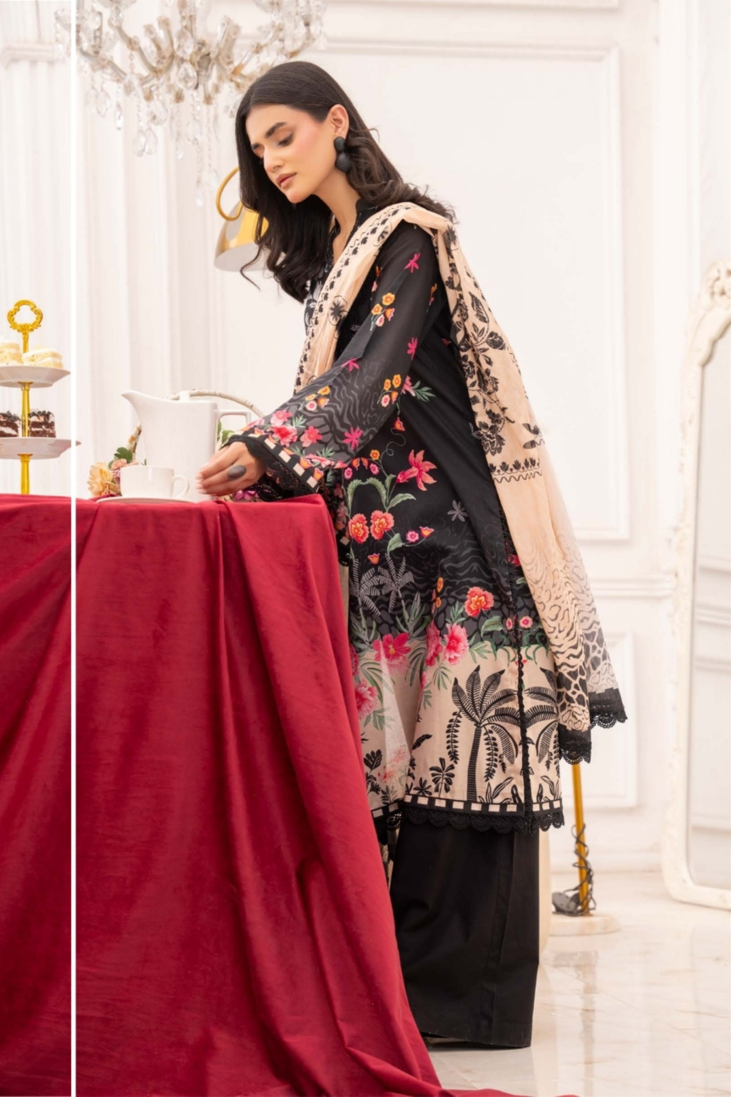 3 Pieces - Raabi Unstitched Black Print Lawn Suit