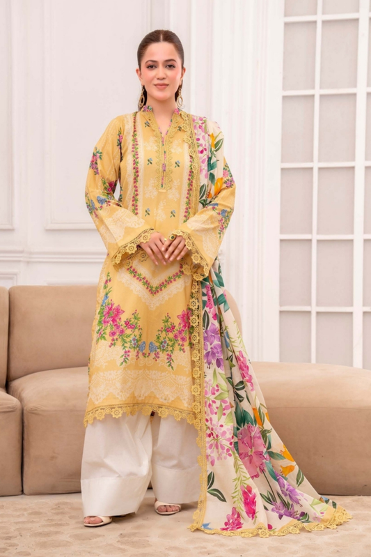 3 Pieces - Raabi Unstitched Yellow Print Lawn Suit