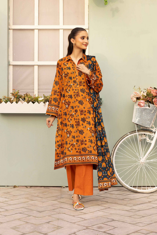 3 Pieces - Haya By Legends Unstitched Orange Printed Lawn Suit