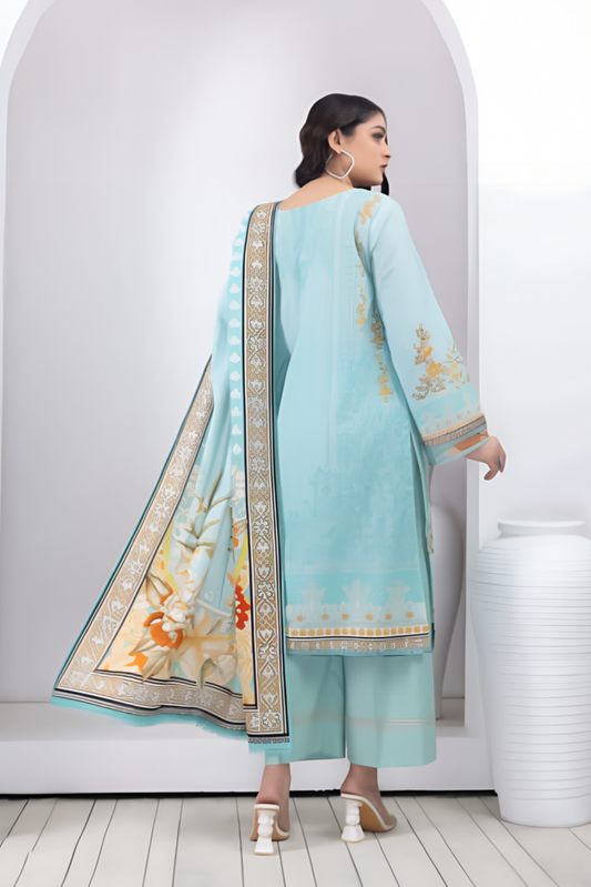 3 Pieces - Regalia Stitched Light Firoze Printed Khaddar Suit