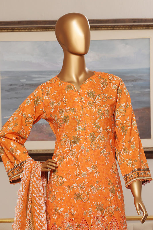 3 Pieces - Riwayat Unstitched Orange Embroided Lawn with Cutwork Chiffon Dupatta Suit