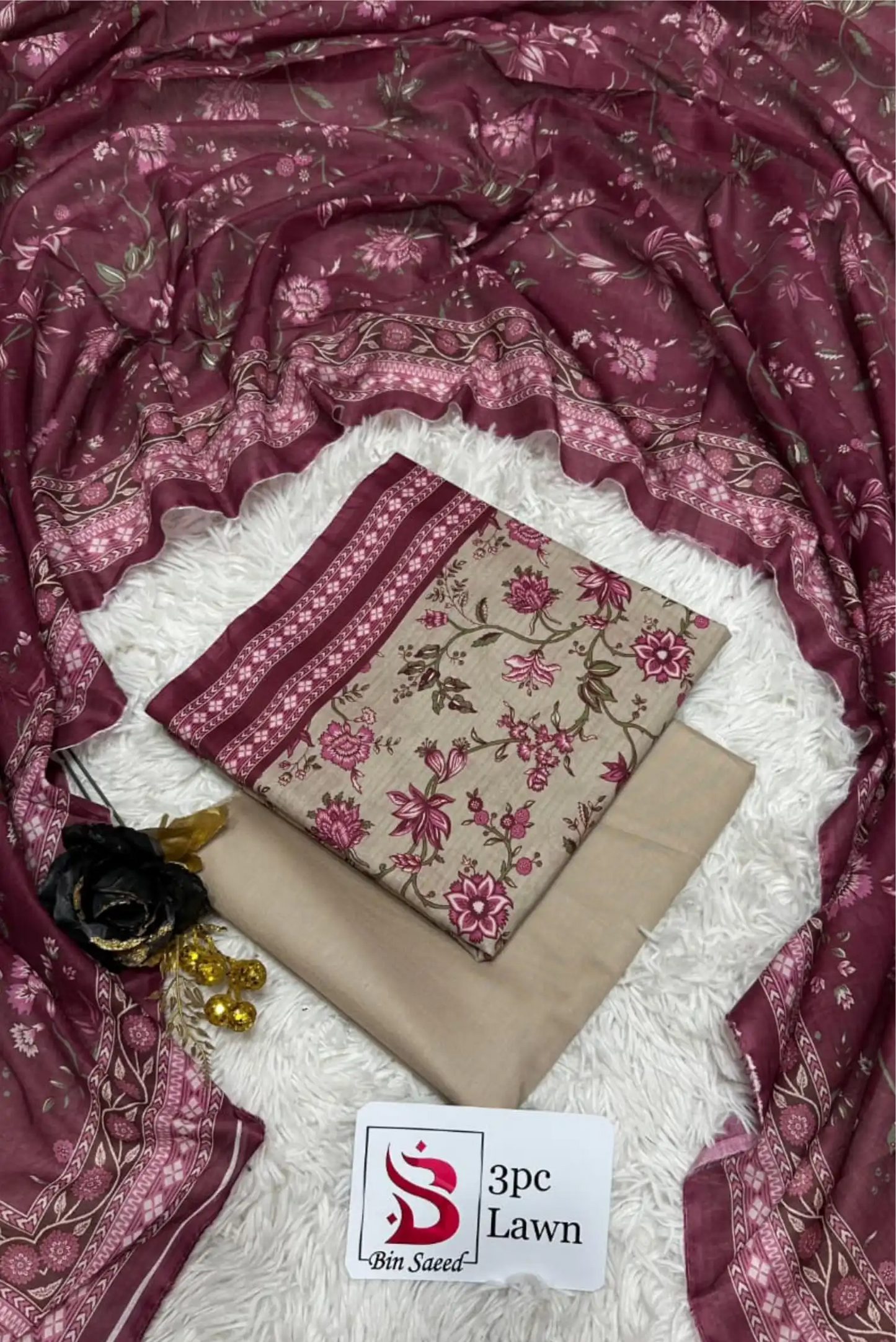 3 Pieces - Bin Saeed Unstitched Cream Ladies Lawn Suit
