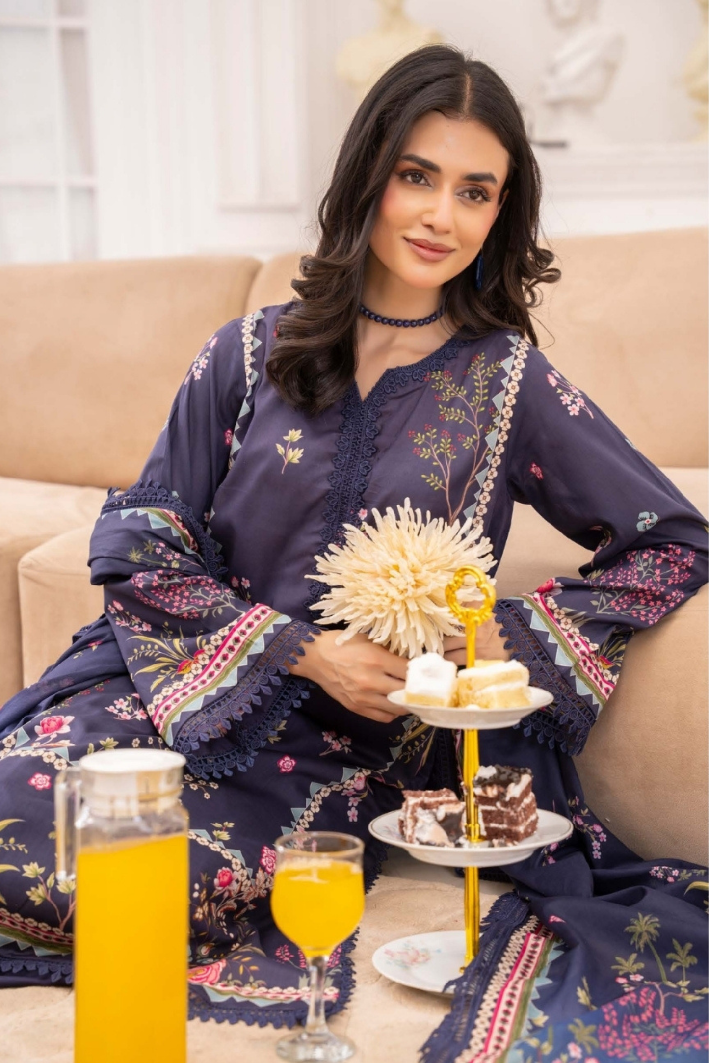 3 Pieces - Raabi Unstitched Purple Print Lawn Suit