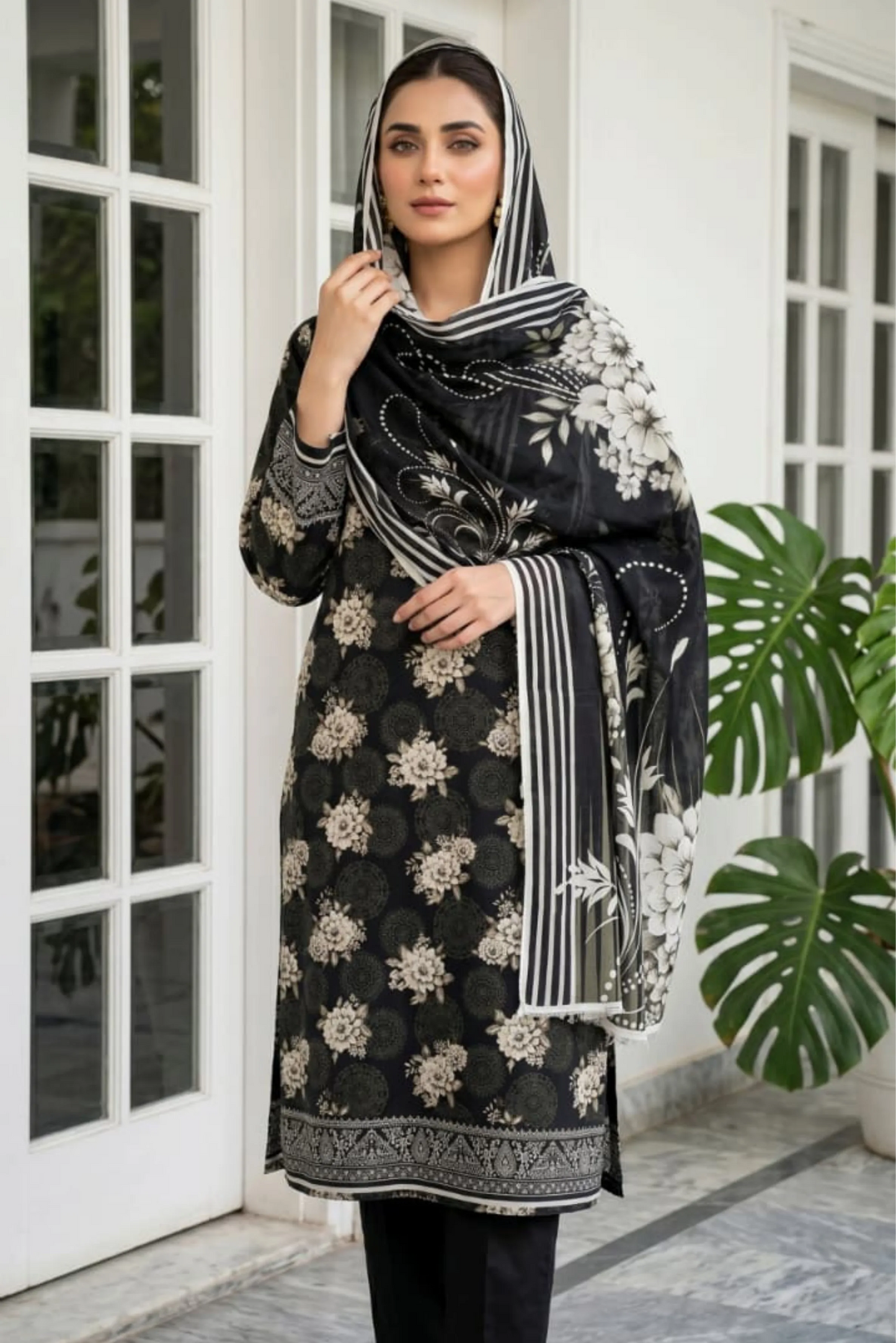 3 Pieces - Sohni Dharti Unstitched Black And White Ladies Lawn Suit