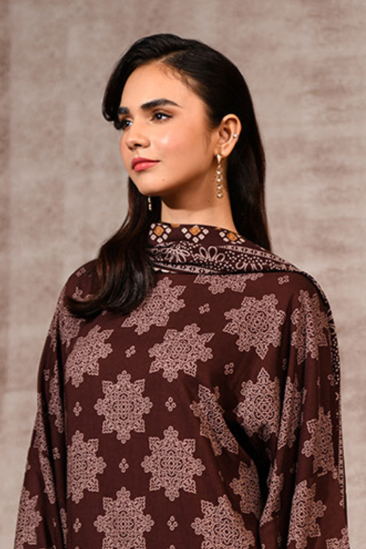 3 Pieces - Nishat Unstitched Maroon Printed Linen Suit