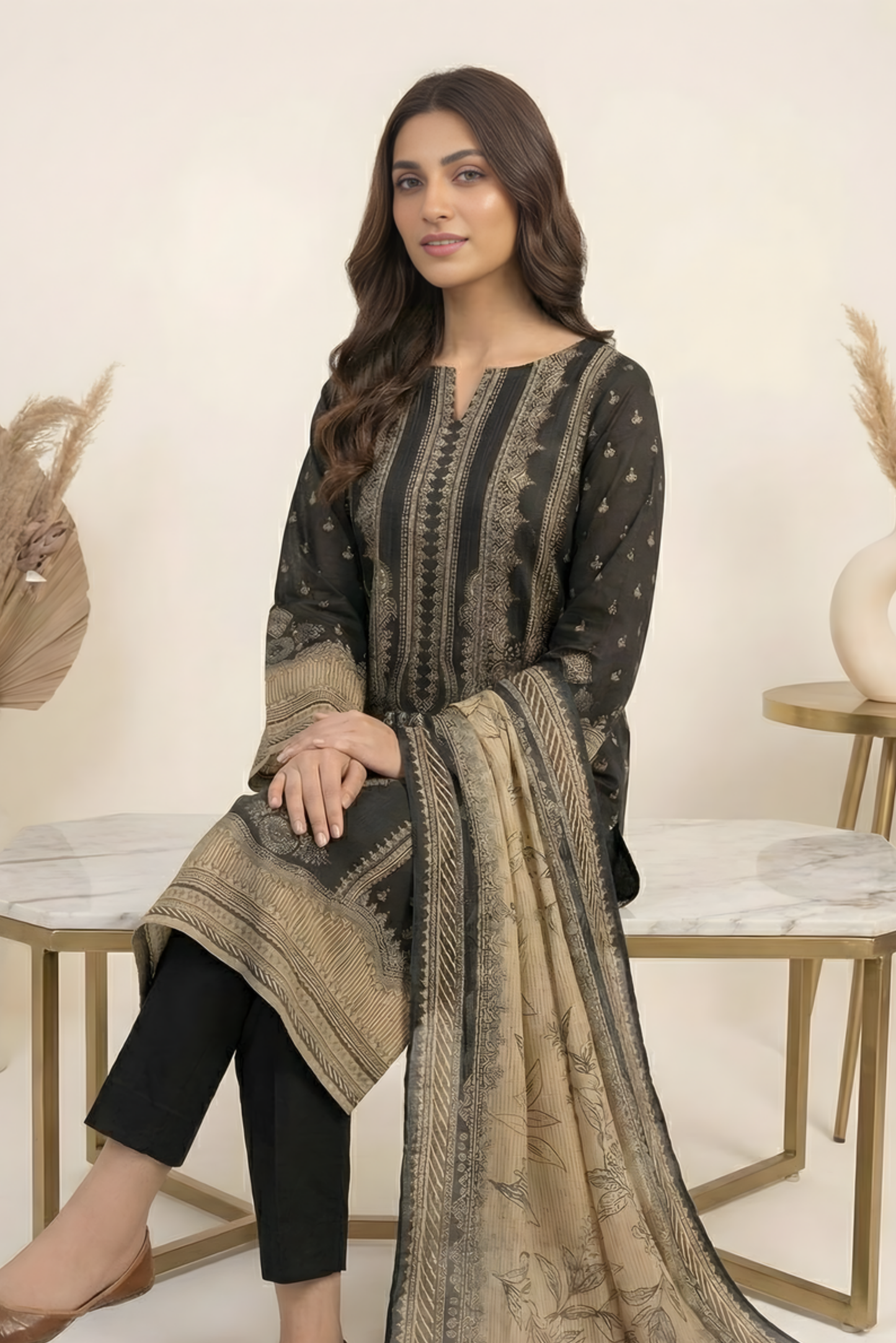 3 Pieces - Marooj Unstitched Garish Black Transliminor Magic Print Lawn Suit