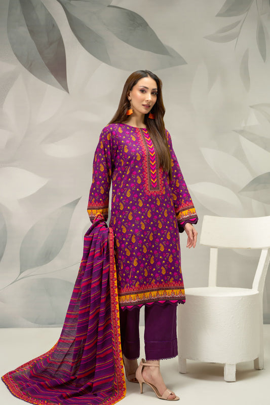 3 Pieces - Regalia Unstitched Purple Printed Khaddar Suit
