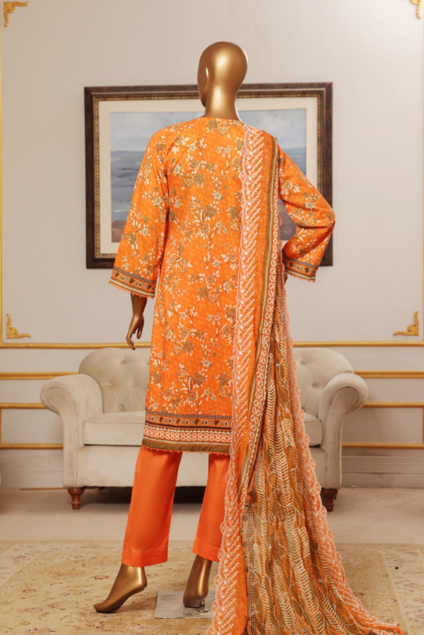 3 Pieces - Riwayat Unstitched Orange Embroided Lawn with Cutwork Chiffon Dupatta Suit