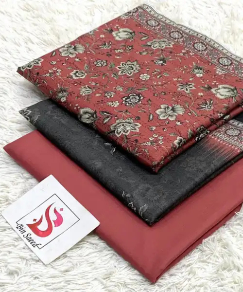 3 Pieces - Bin Saeed Unstitched Redish Maroon Ladies Lawn Suit