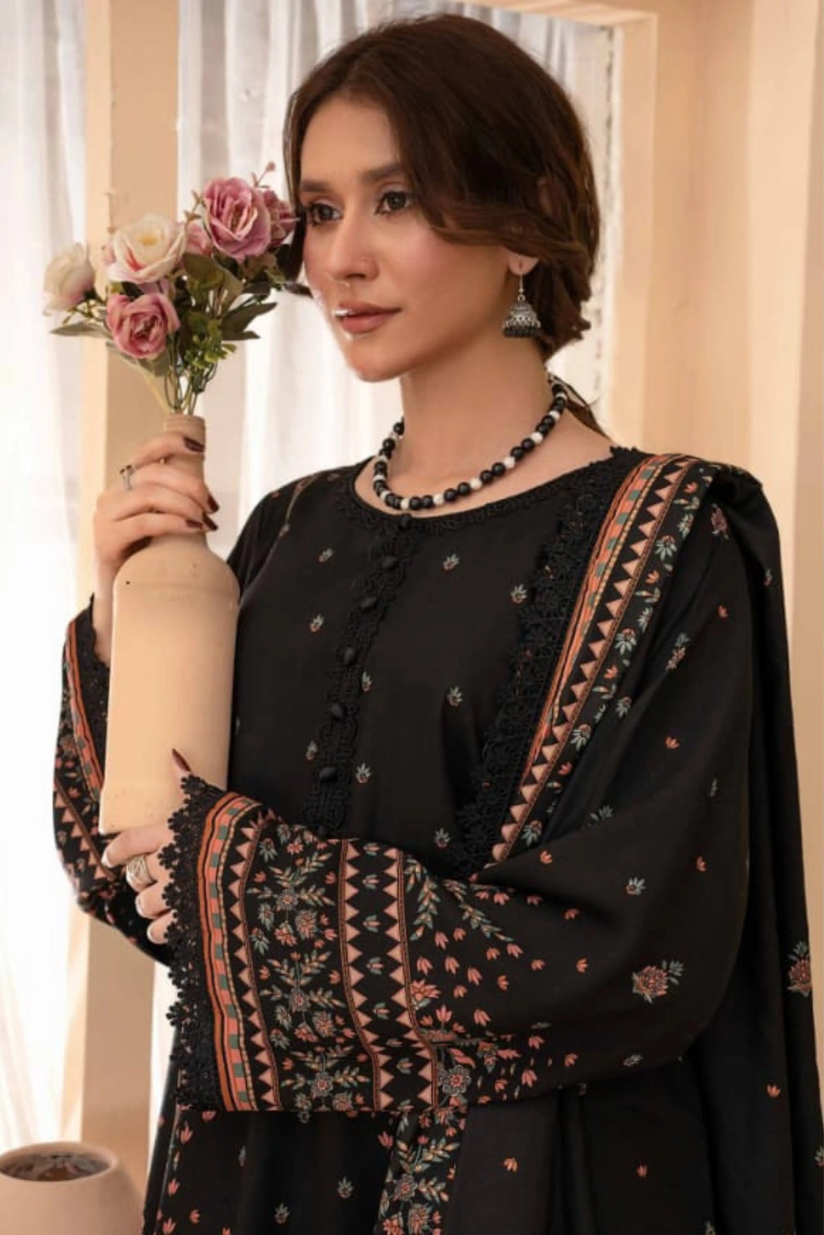 3 Pieces - Raabi Unstitched Black Printed Ladies Linen Suit