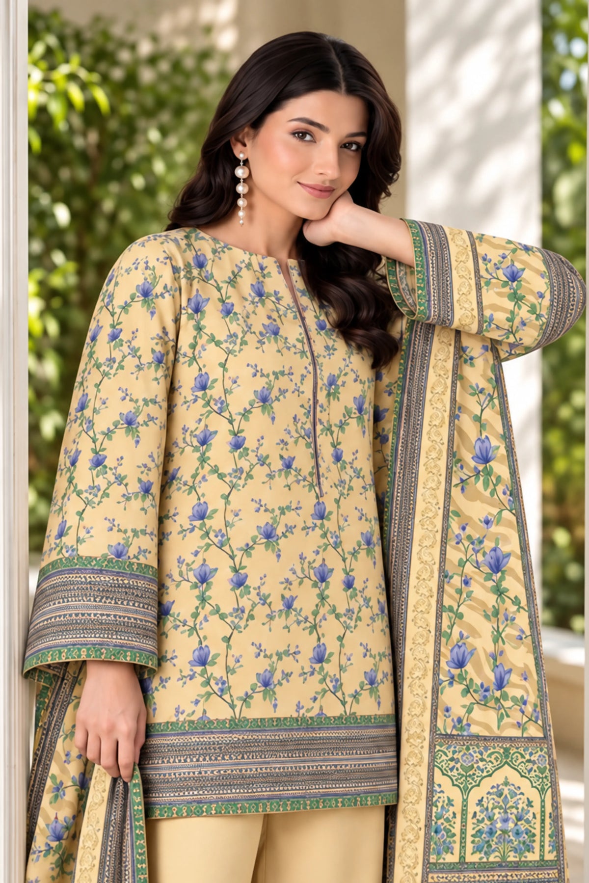 3 Piece - Marooj Ethnic Premium Printed Unstitched Lemon khaddar Suit