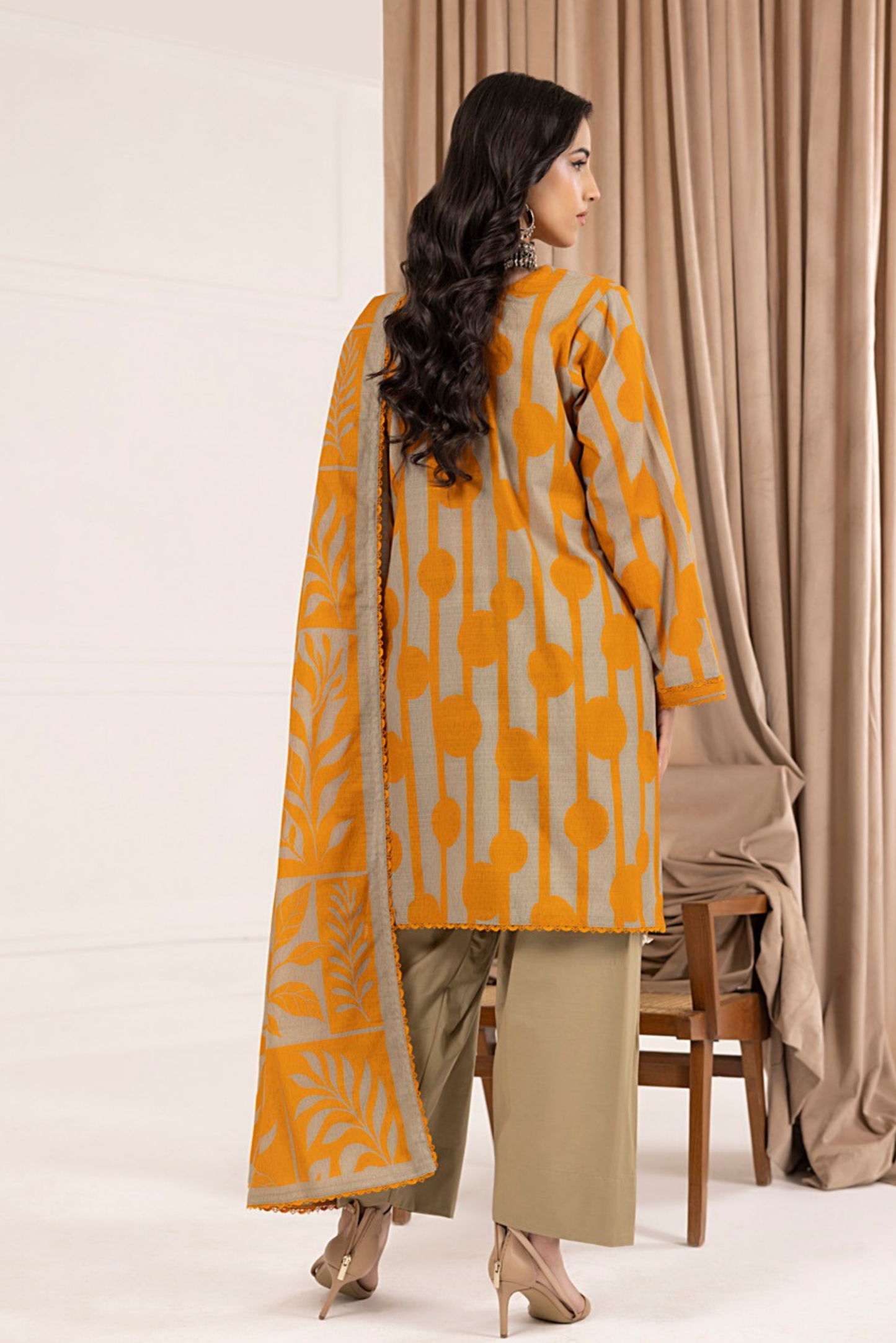3 Pieces - Regalia Unstitched Orange Printed Khaddar Suit