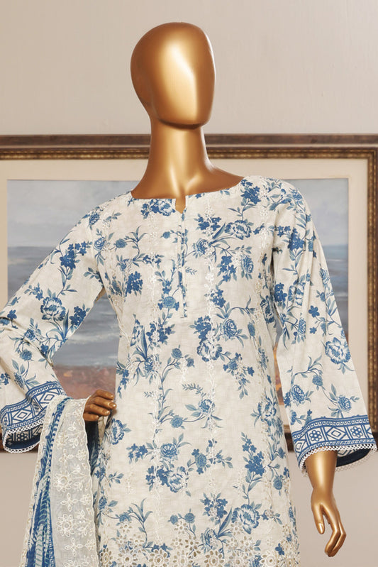 3 Pieces - Riwayat Unstitched Off White Embroided Lawn with Cutwork Chiffon Dupatta Suit