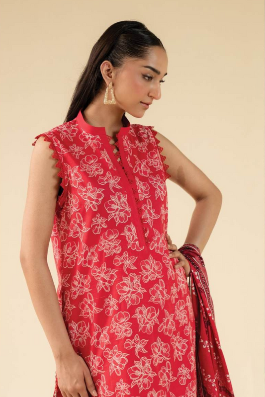 3 Pieces - Beyond East Unstitched Red Printed Lawn Suit