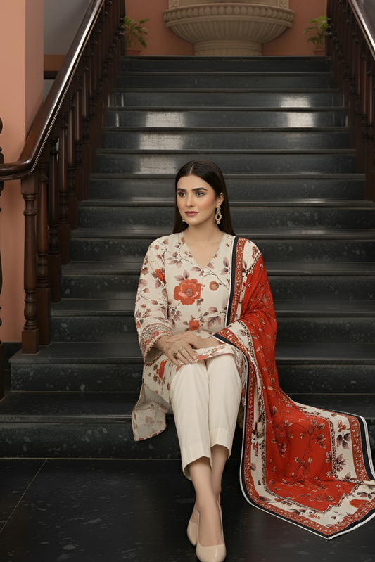 3 Pieces - Marooj Unstitched Cream Printed Khaddar Suit