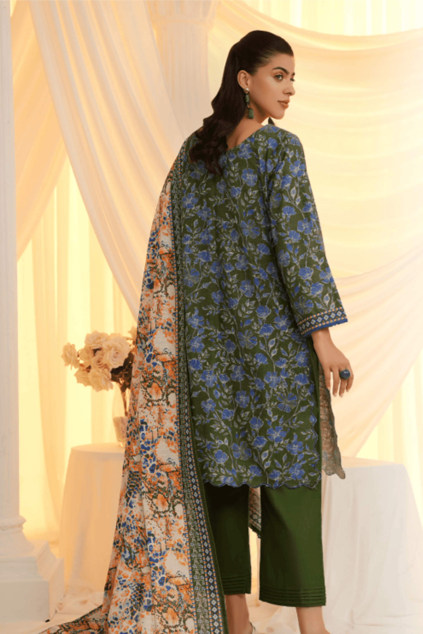 3 Pieces - Regalia Unstitched Green Printed Khaddar Suit