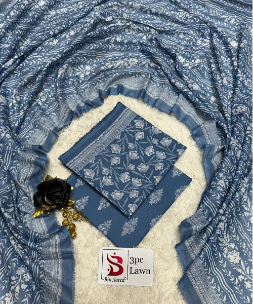 3 Pieces - Bin Saeed Unstitched Greyish Blue Ladies Lawn Suit