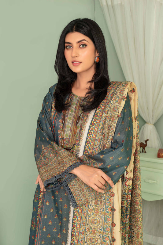 3 Pieces - Aizal Unstitched Gray Printed Shamray Linen Suit