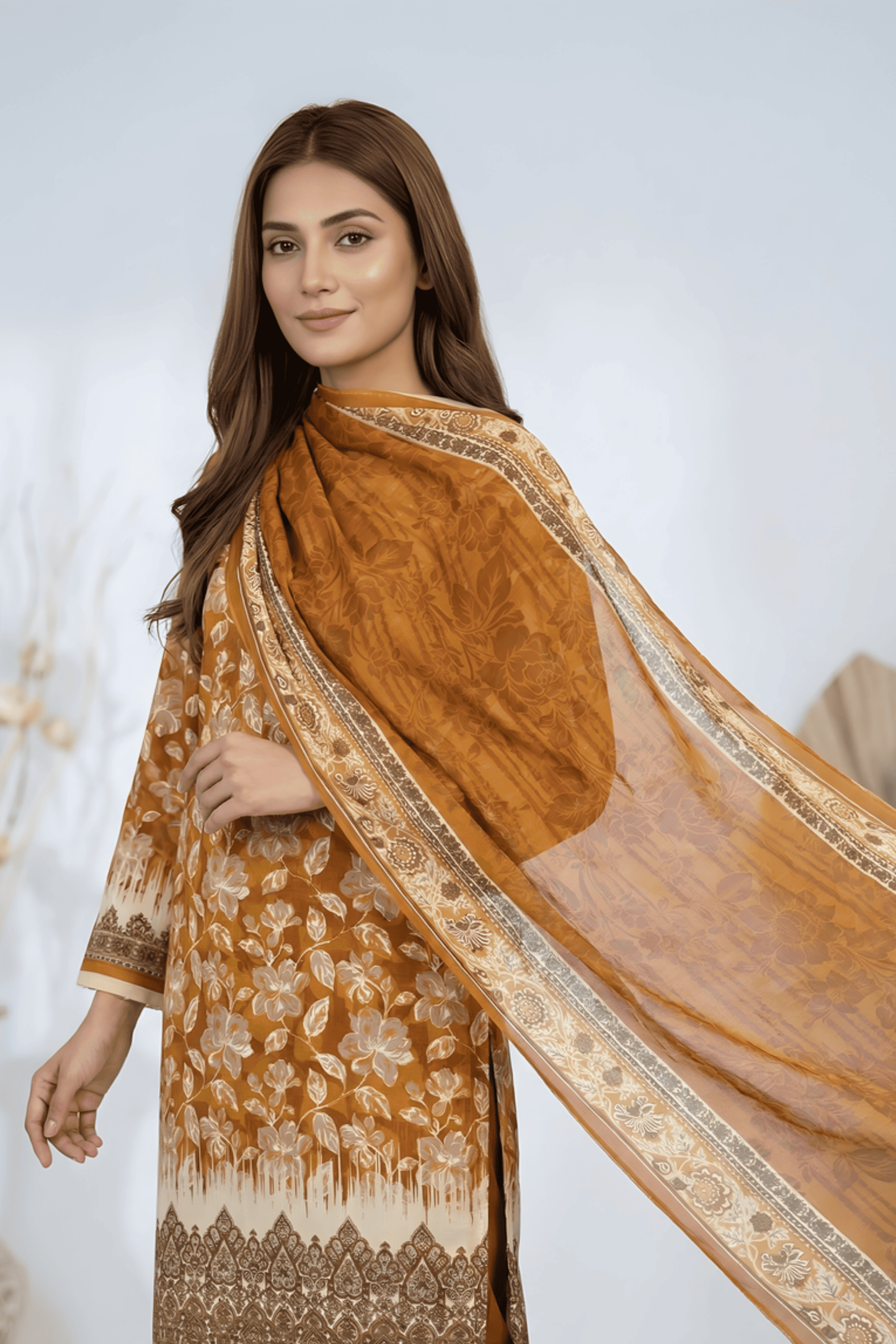 3 Pieces - Marooj Unstitched Mustard Transliminor Magic Print Lawn Suit