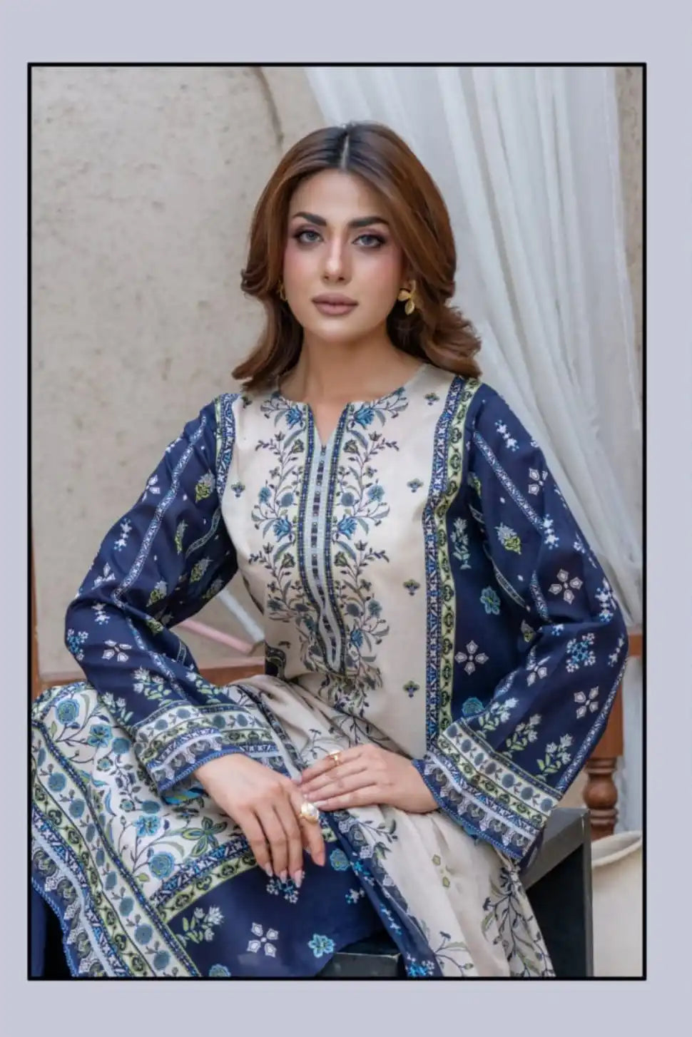 3 Pieces - Marooj Gold Unstitched Blue Print Lawn Suit