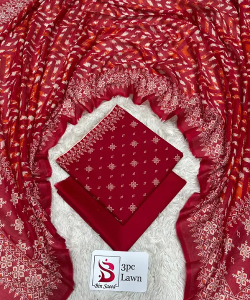 3 Pieces - Bin Saeed Unstitched Red Ladies Lawn Suit