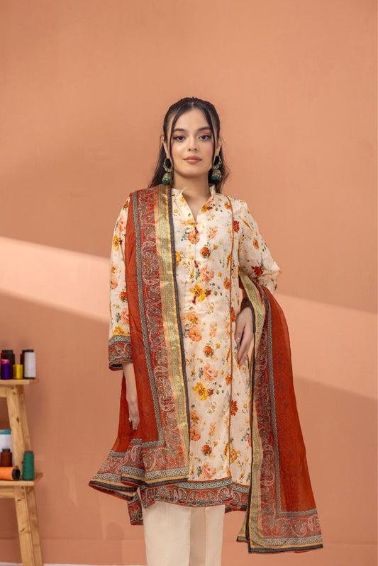 3 Pieces - Regalia Unstitched Skin Fancy Zari Dupatta Printed Shirt Lawn Suit
