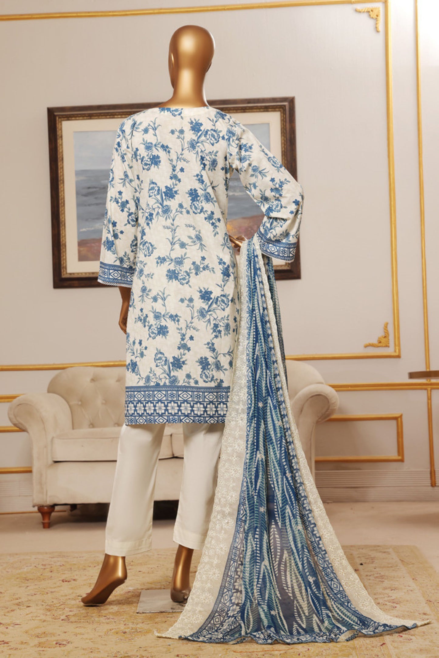 3 Pieces - Riwayat Unstitched Off White Embroided Lawn with Cutwork Chiffon Dupatta Suit