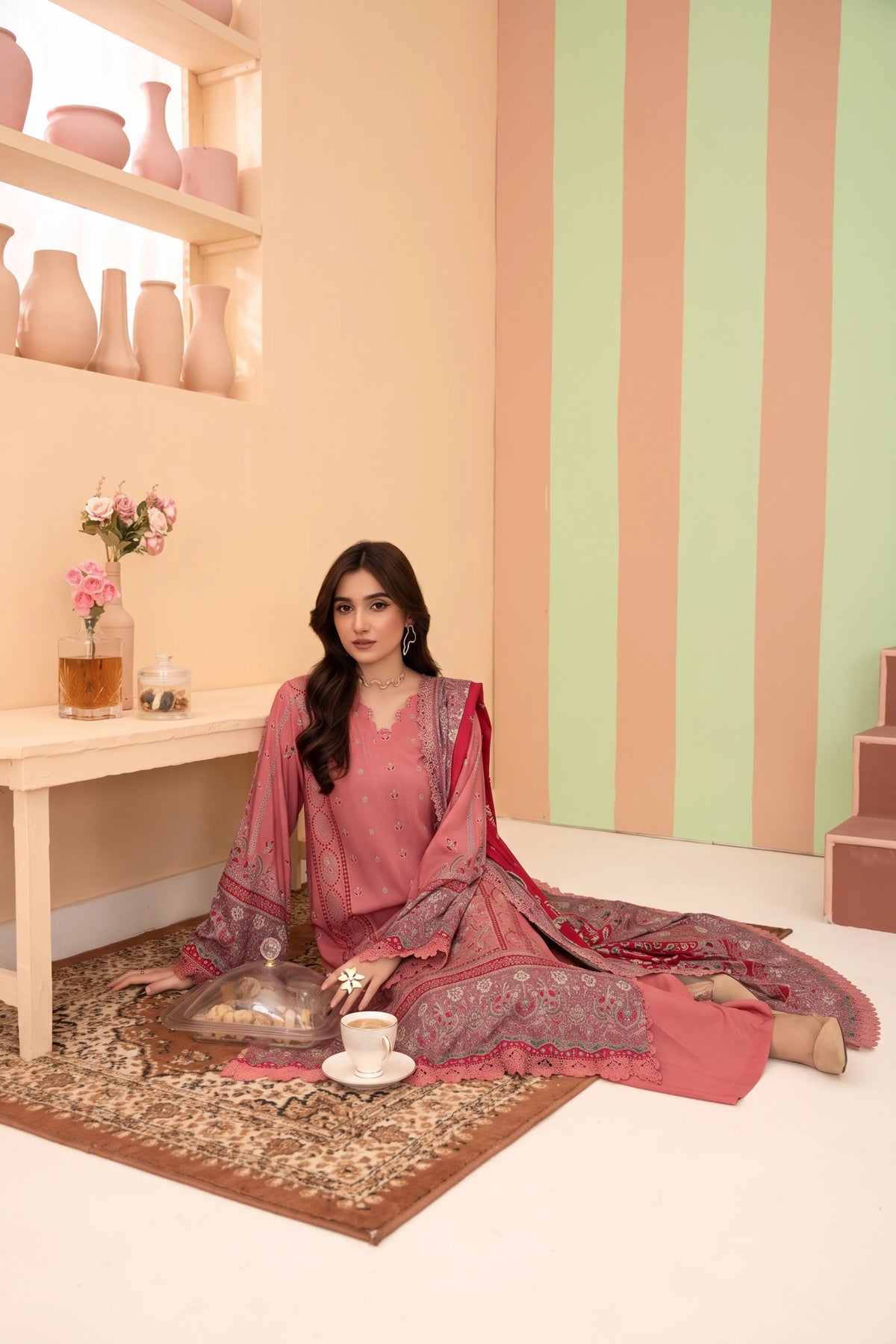 3 Pieces - Raabi Unstitched Peach Printed Ladies Linen Suit