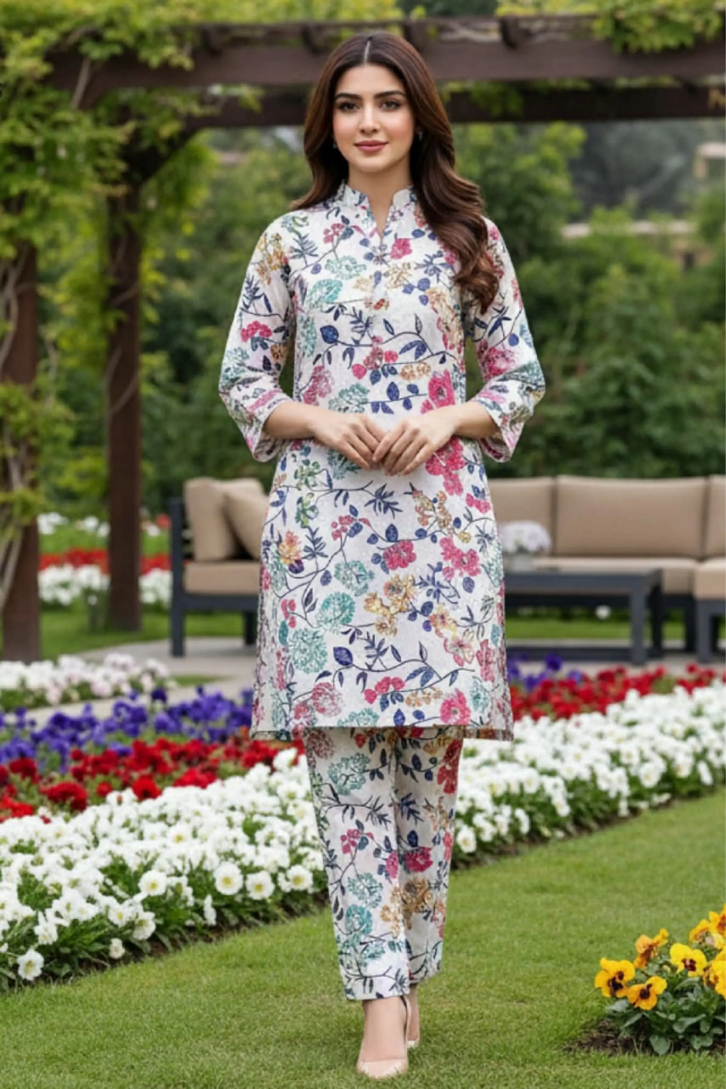 2 Piece: Regalia Unstitched Printed White Ladies Linen Suit