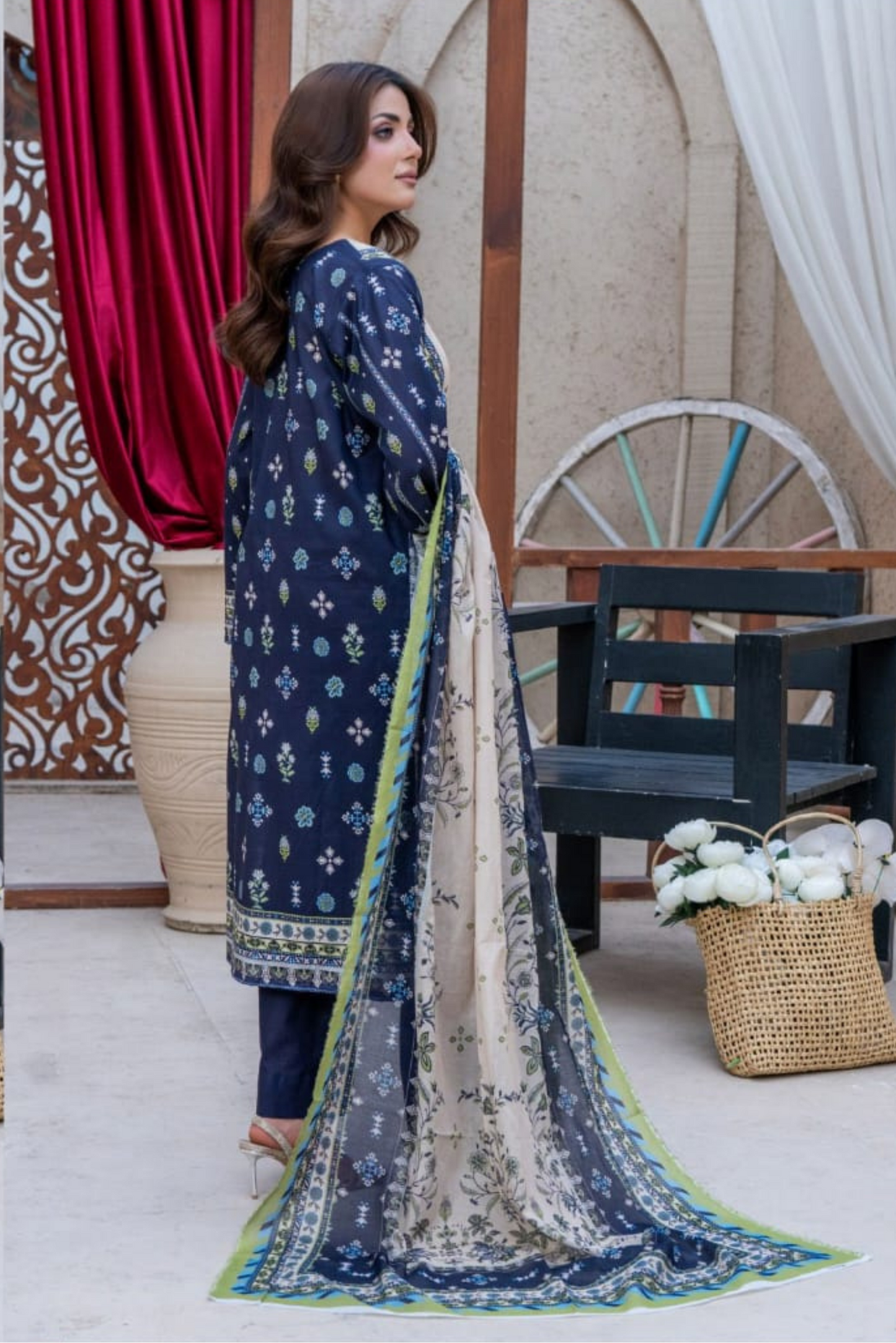 3 Pieces - Marooj Gold Unstitched Blue Print Lawn Suit