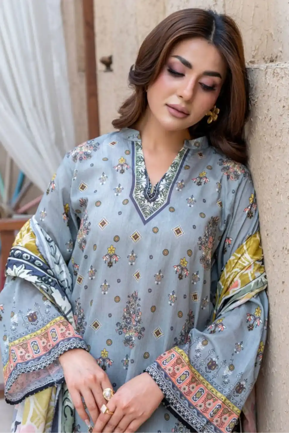 3 Pieces - Marooj Gold Unstitched Grey Print Lawn Suit