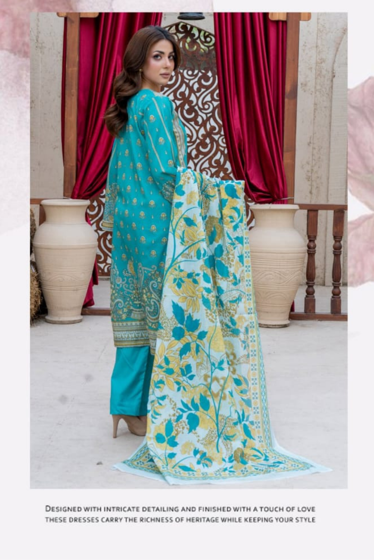 3 Pieces - Marooj Gold Unstitched Ferozi Print Lawn Suit