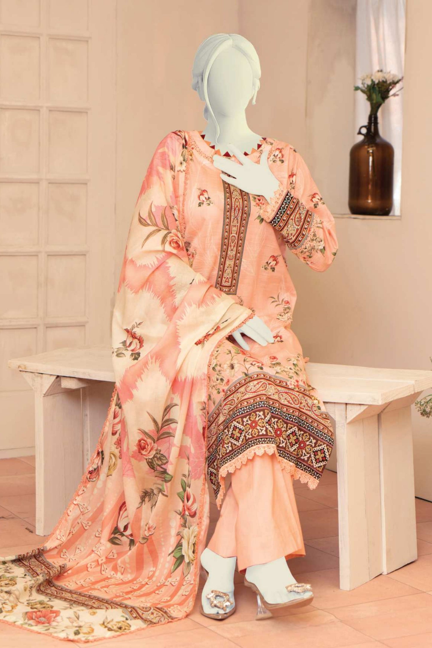 3 Pieces - Murashee Unstitched Peach Printed Lawn Suit