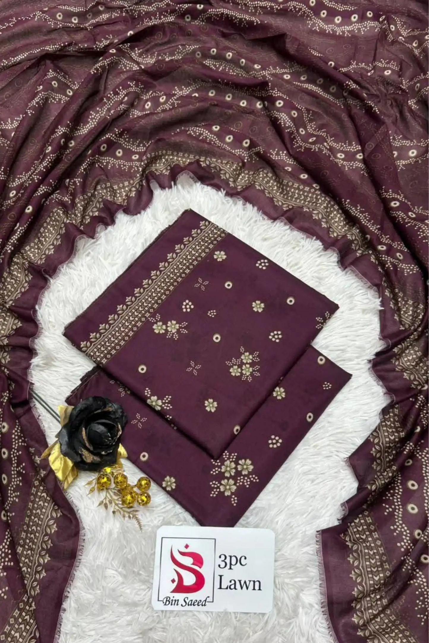 3 Pieces - Bin Saeed Unstitched Maroon Ladies Lawn Suit