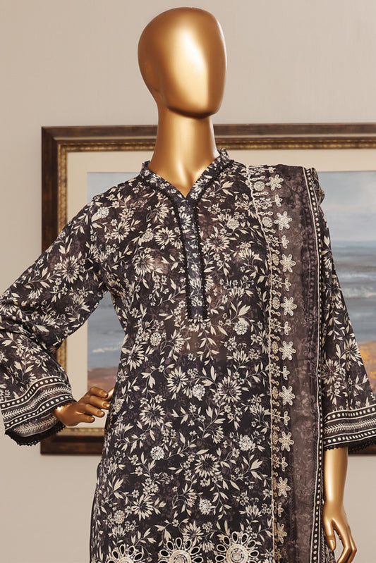 3 Pieces - Riwayat Unstitched Black Embroided Lawn with Cutwork Chiffon Dupatta Suit