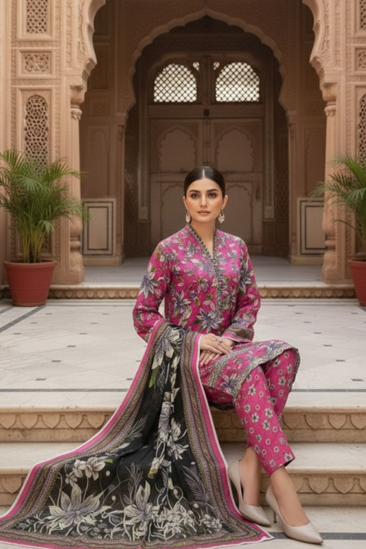 3 Pieces - Marooj Unstitched Pink BanaDora Linen Suit